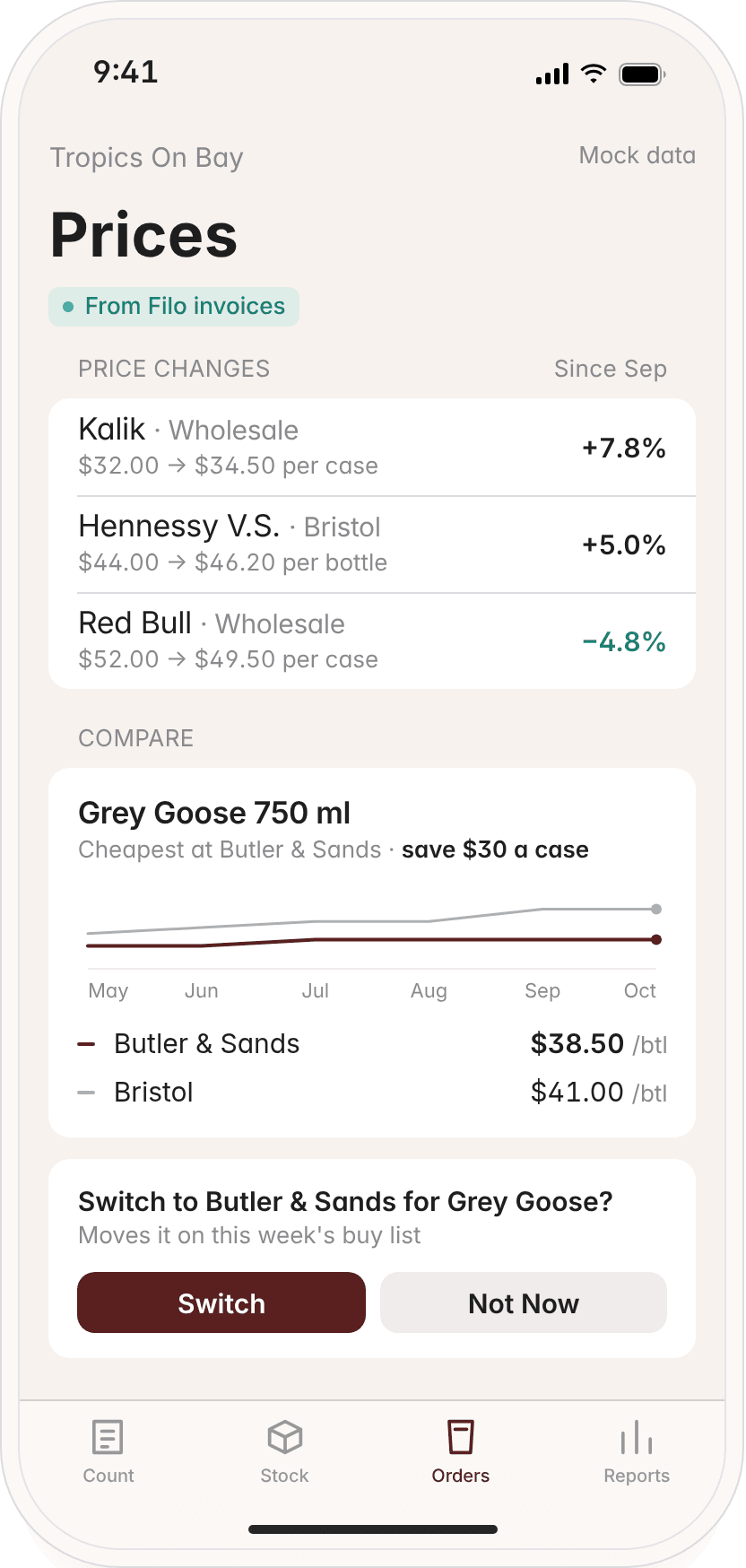 Prices screen showing supplier prices per product