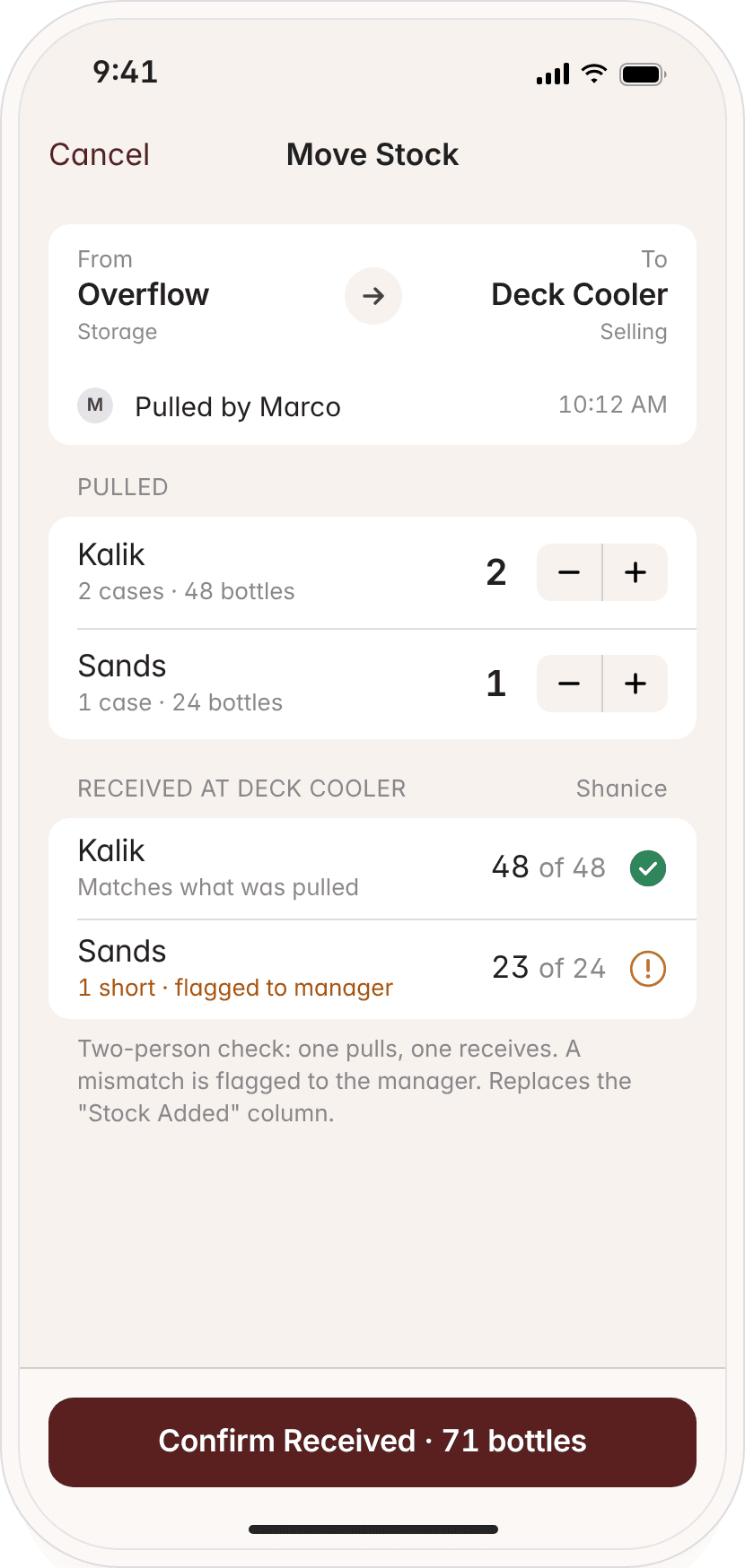 Move stock screen: Kalik and Sands pulled from Overflow by one person and received at the Deck Cooler by another, with a one-bottle shortage flagged